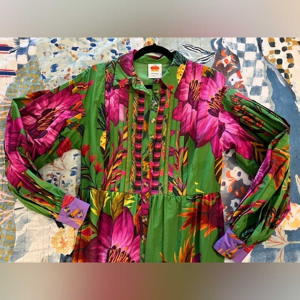 FARM RIO M Flowers Balloon Sleeve Maxi ShirtDress - Picture 8 of 16